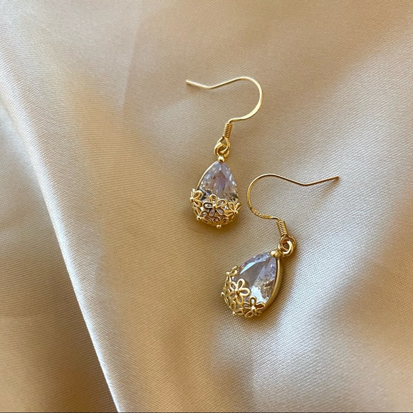 Lagom Studio Jewelry - Last Pair💕Tear Crystal Egg Drop Golden Floral Earrings
